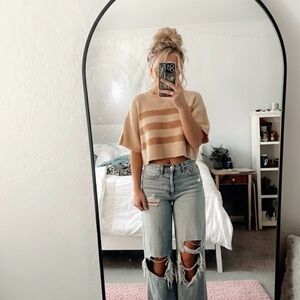 Beige and Brown Striped Knit Crop Top
